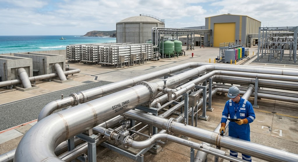 Stainless steel piping in desalination or seawater plant